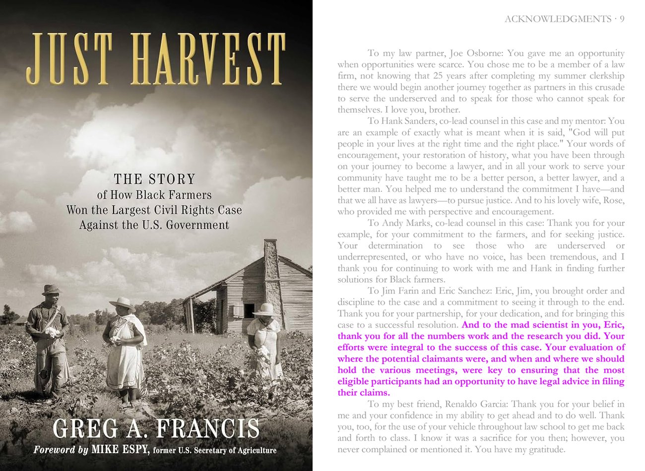 The cover of Just Harvest beside its acknowledgments page, with lead counsel Greg Francis&rsquo;s passage thanking Eric Sanchez highlighted