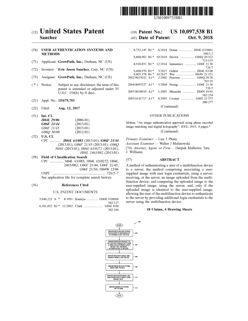 Front page of United States Patent 10,097,538, User Authentication Systems and Methods
