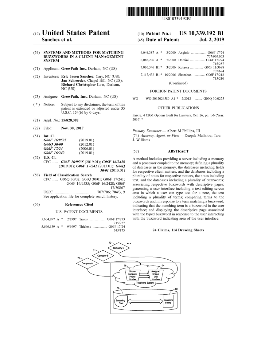 Front page of United States Patent 10,339,192, Matching Buzzwords in a Client Management System