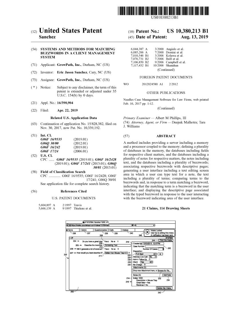 Front page of United States Patent 10,380,213, Matching Buzzwords in a Client Management System
