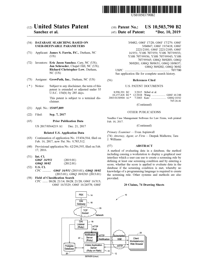 Front page of United States Patent 10,503,790, Database Searching Based on User-Definable Parameters
