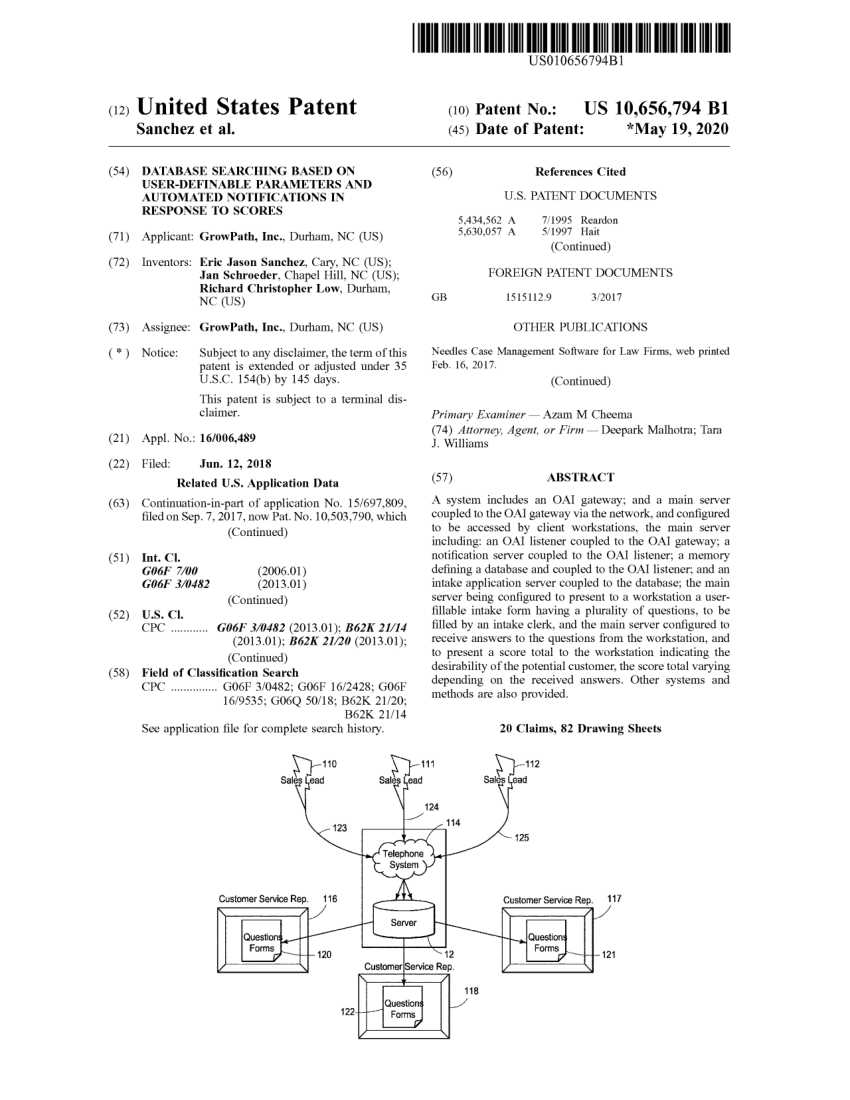 Front page of United States Patent 10,656,794, Database Searching Based on User-Definable Parameters and Automated Notifications in Response to Scores