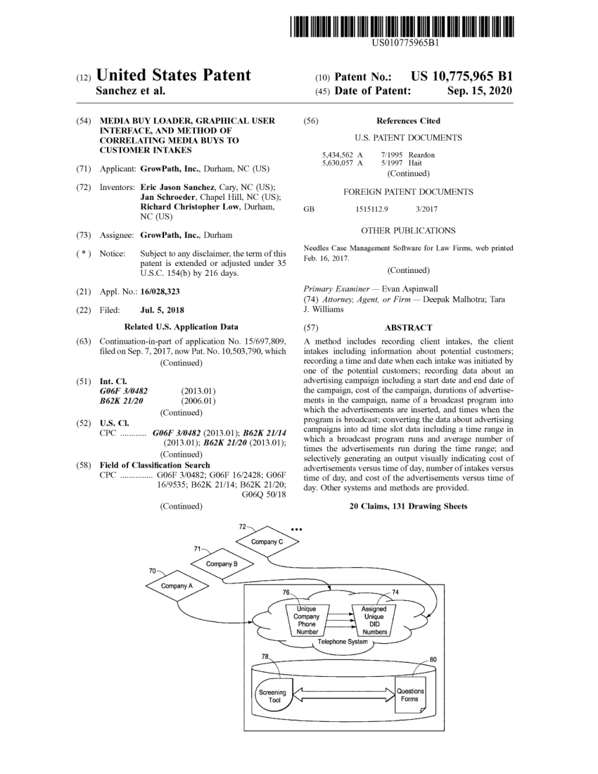 Front page of United States Patent 10,775,965, Media Buy Loader, Graphical User Interface, and Method of Correlating Media Buys to Customer Intakes