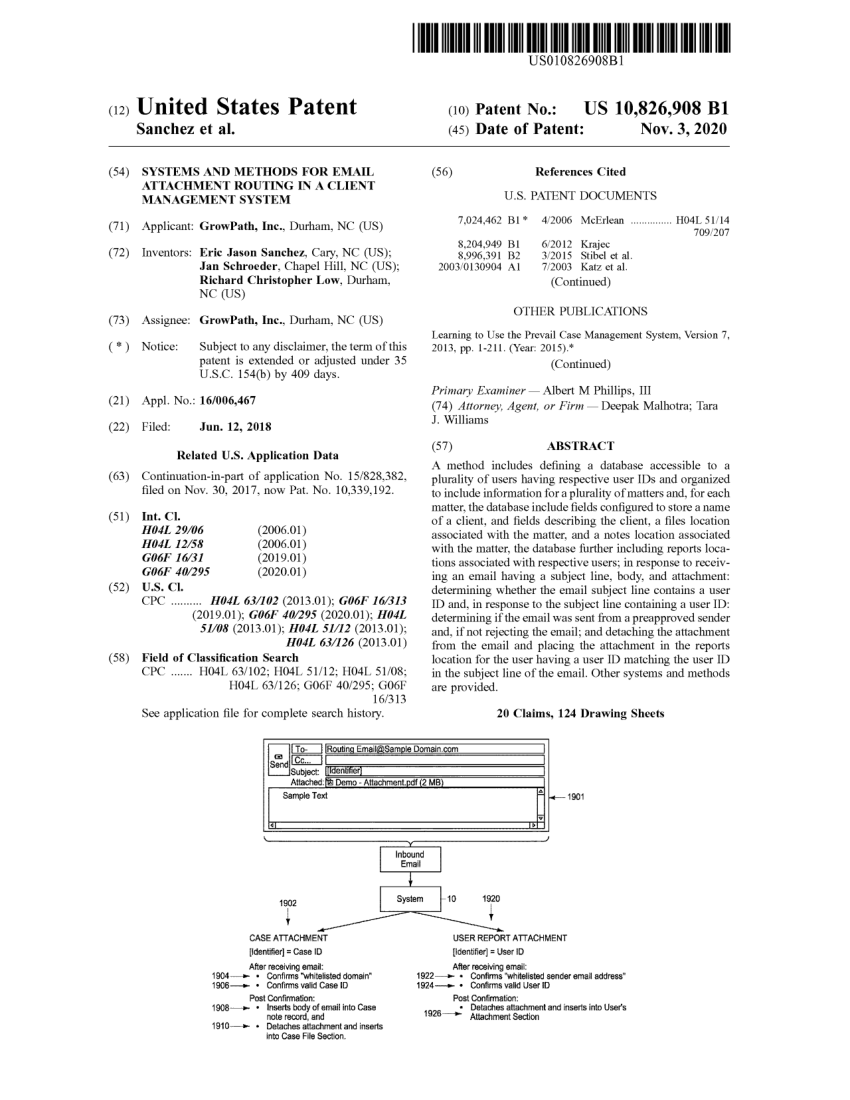 Front page of United States Patent 10,826,908, Email Attachment Routing in a Client Management System