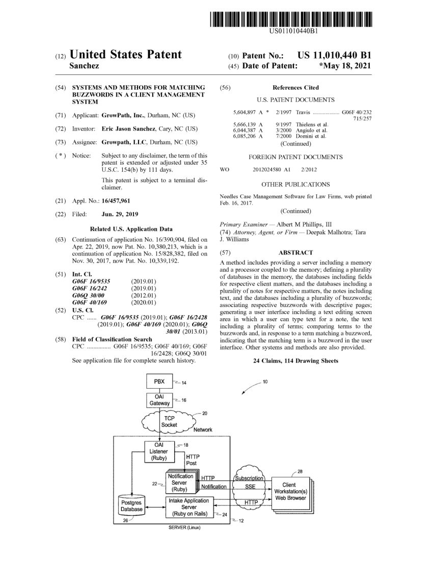 Front page of United States Patent 11,010,440, Matching Buzzwords in a Client Management System