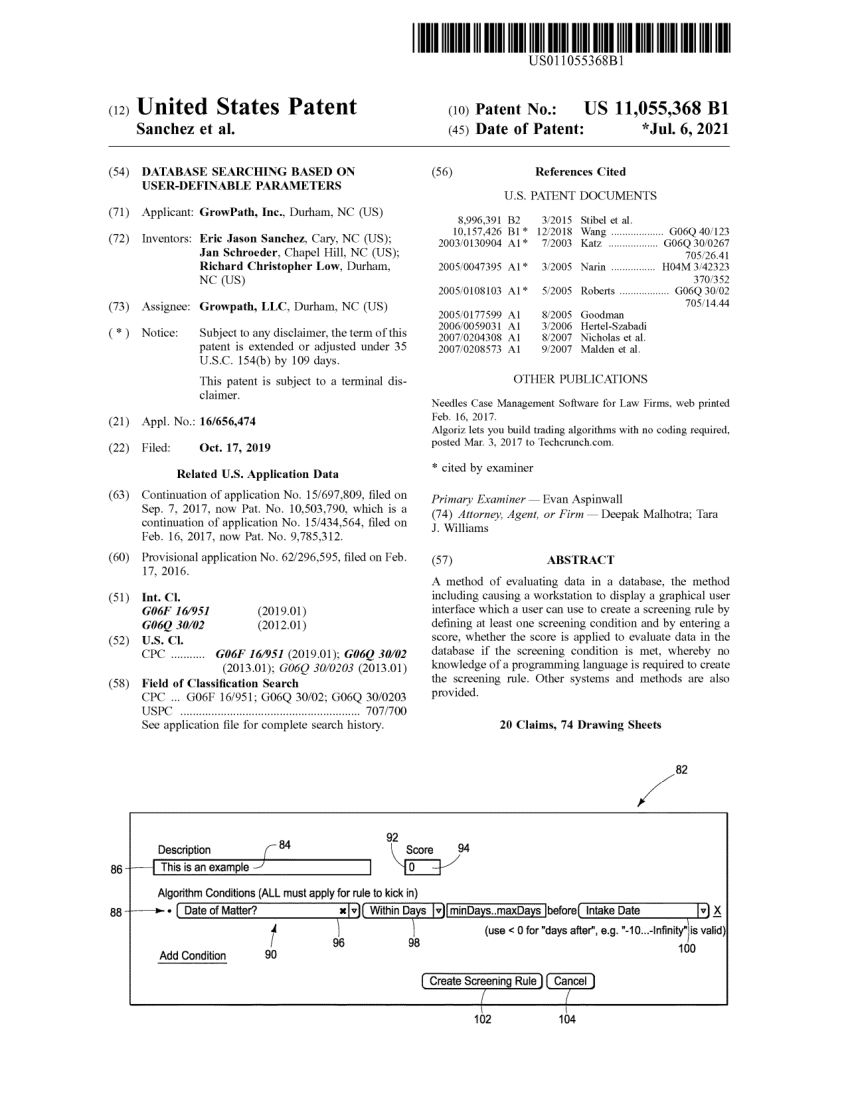 Front page of United States Patent 11,055,368, Database Searching Based on User-Definable Parameters