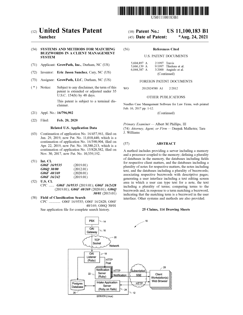 Front page of United States Patent 11,100,183, Matching Buzzwords in a Client Management System