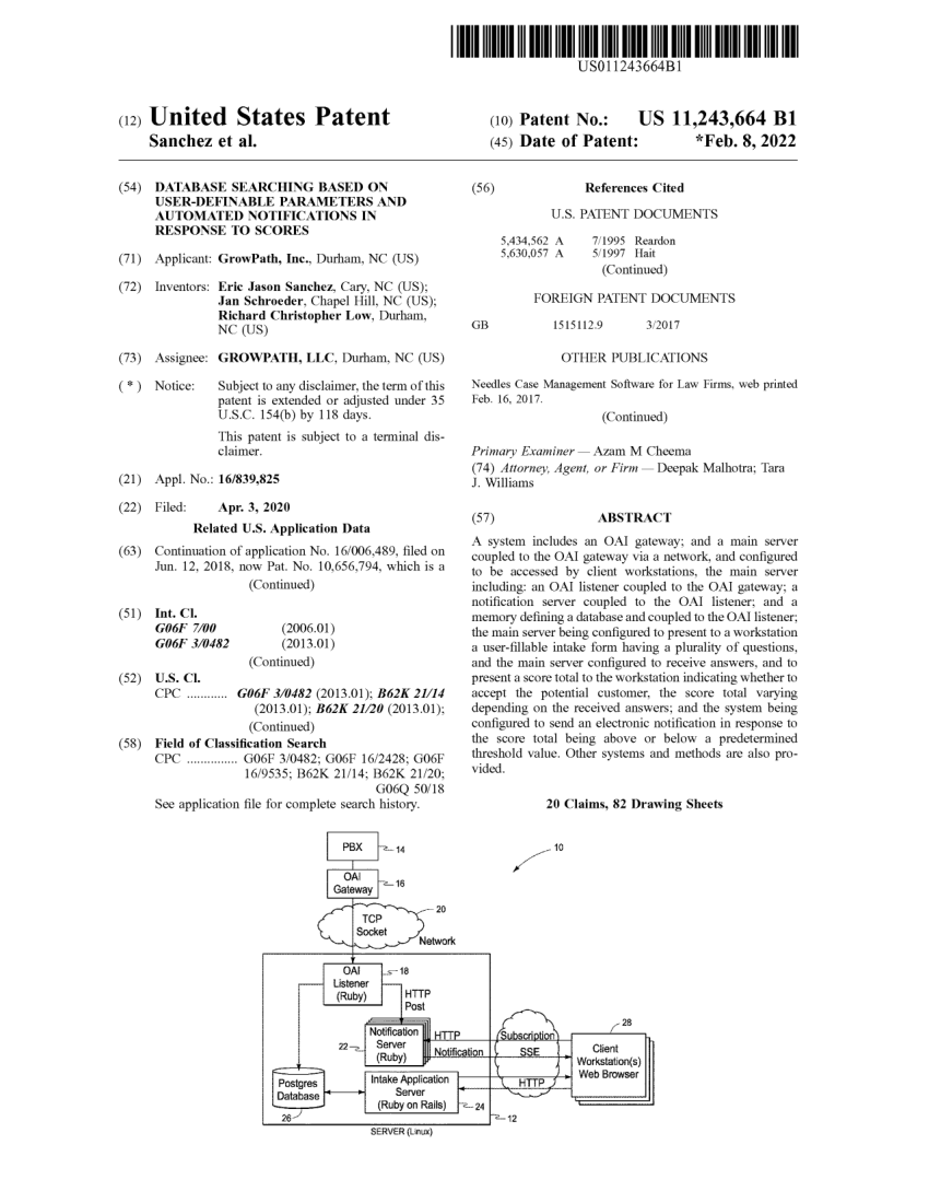Front page of United States Patent 11,243,664, Database Searching Based on User-Definable Parameters and Automated Notifications in Response to Scores