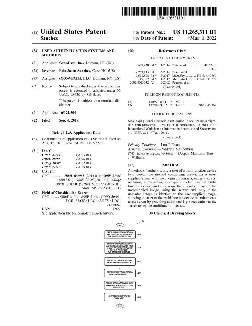Front page of United States Patent 11,265,311, User Authentication Systems and Methods