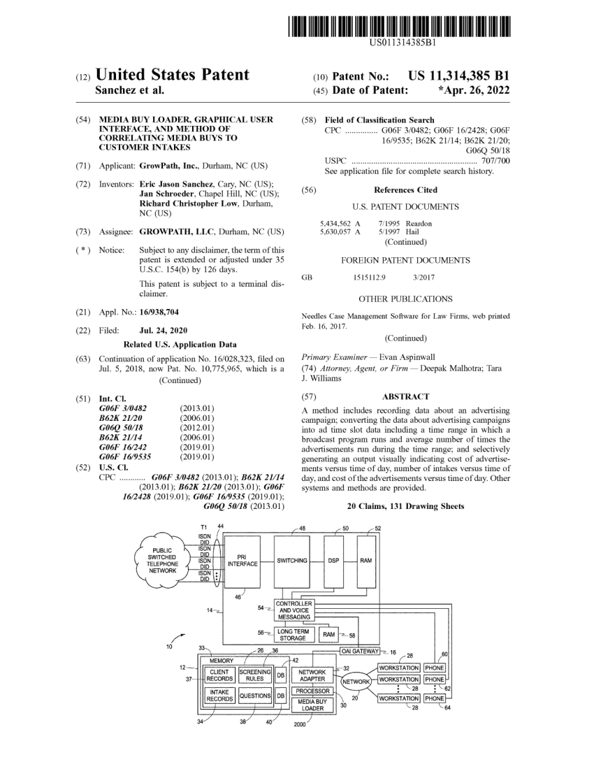 Front page of United States Patent 11,314,385, Media Buy Loader, Graphical User Interface, and Method of Correlating Media Buys to Customer Intakes