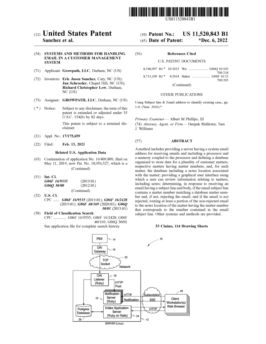 Front page of United States Patent 11,520,843, Handling Email in a Customer Management System