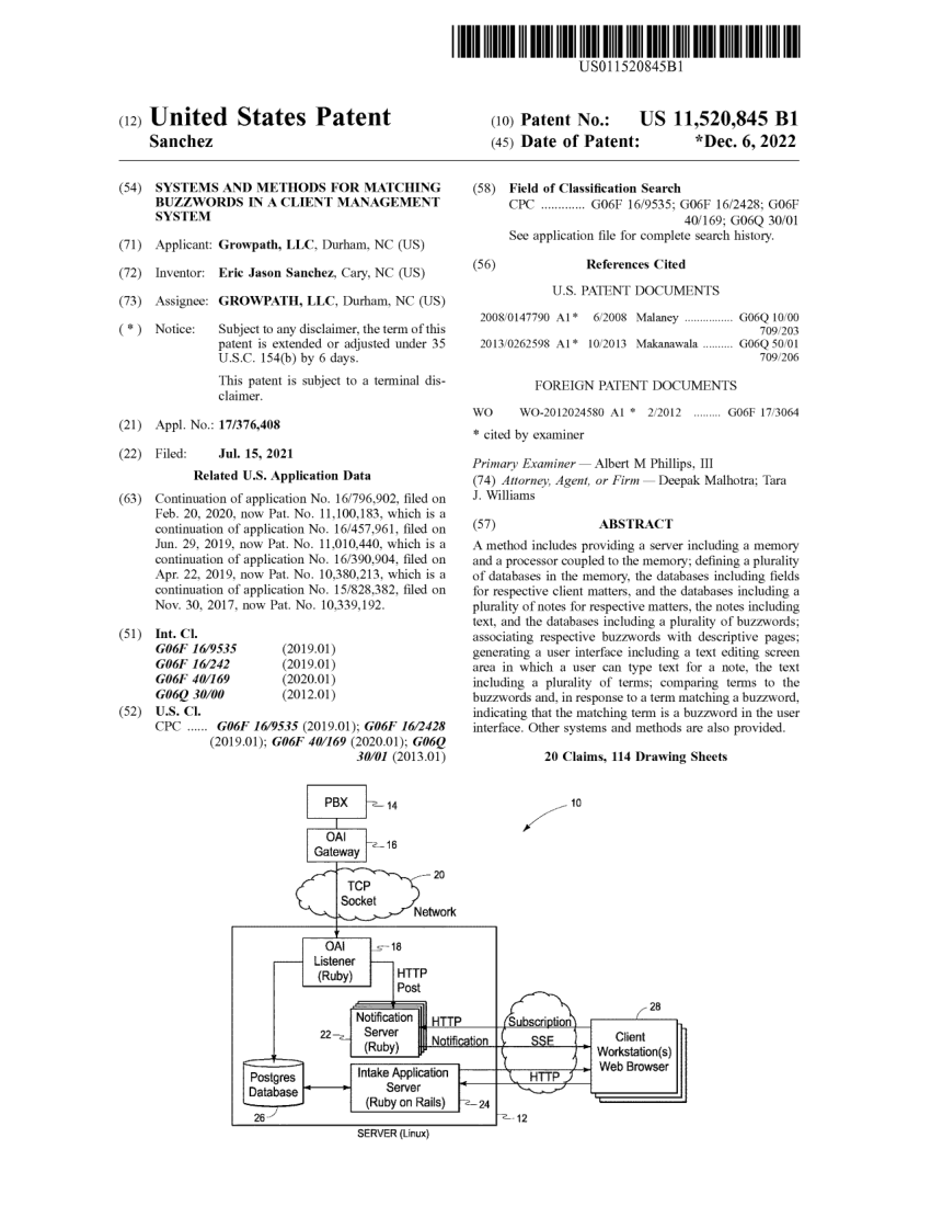 Front page of United States Patent 11,520,845, Matching Buzzwords in a Client Management System
