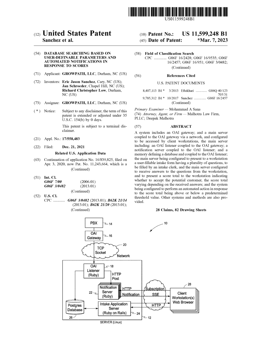 Front page of United States Patent 11,599,248, Database Searching Based on User-Definable Parameters and Automated Notifications in Response to Scores