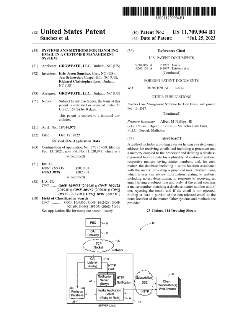 Front page of United States Patent 11,709,904, Handling Email in a Customer Management System