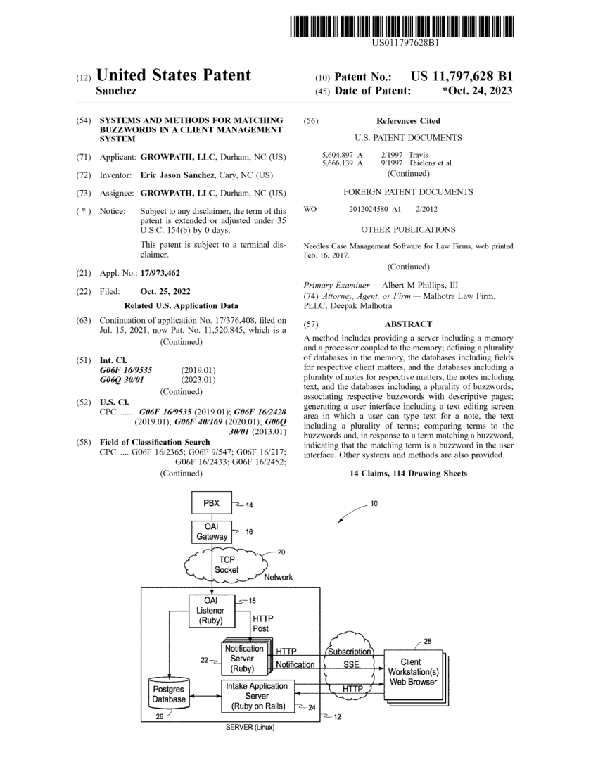 Front page of United States Patent 11,797,628, Matching Buzzwords in a Client Management System