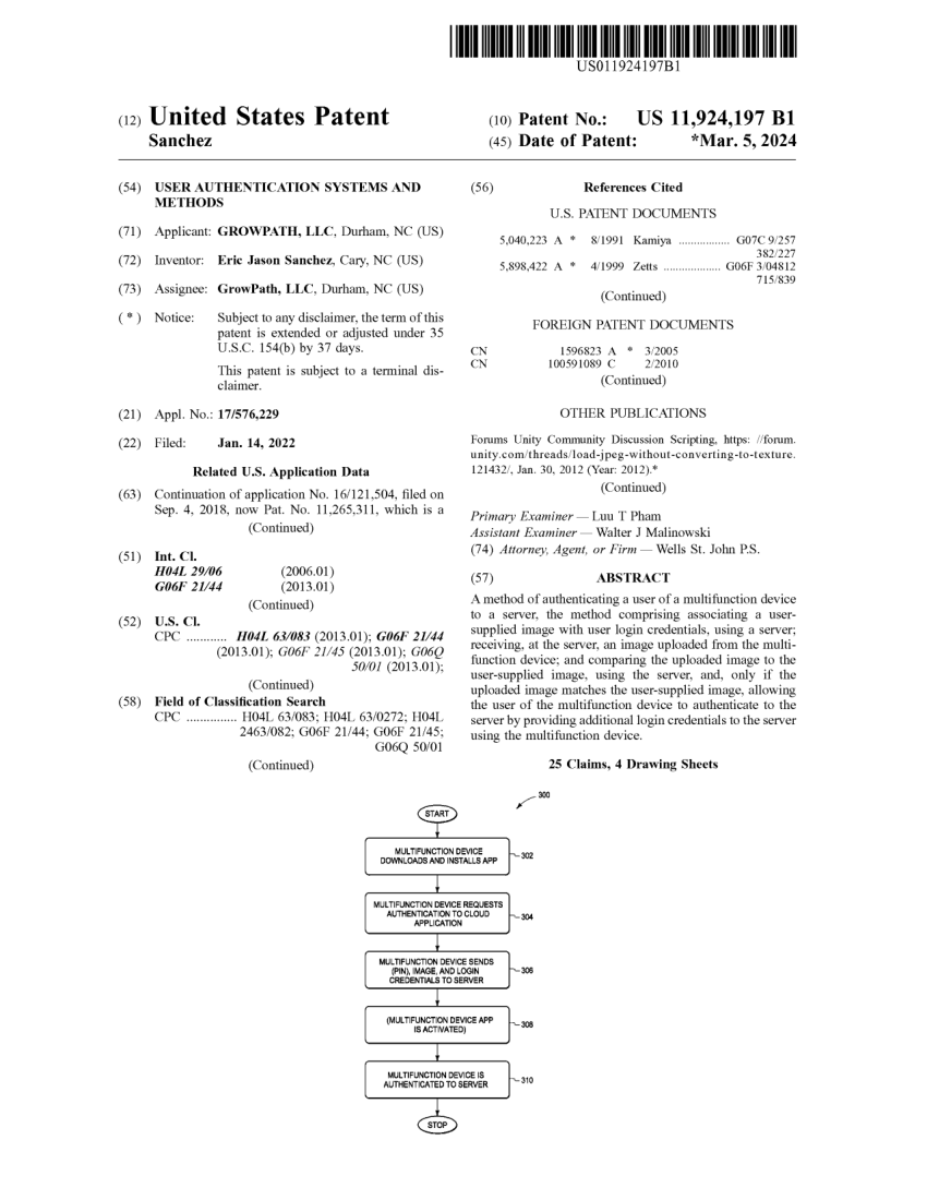 Front page of United States Patent 11,924,197, User Authentication Systems and Methods