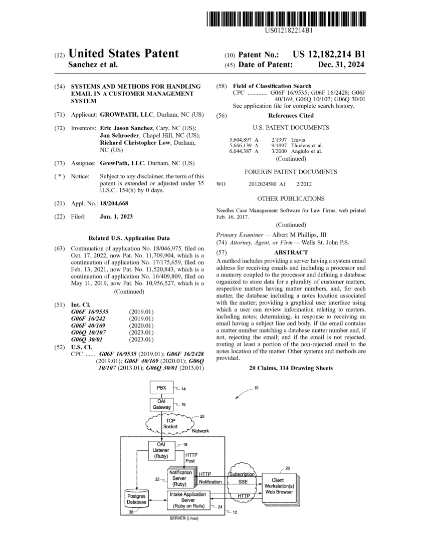Front page of United States Patent 12,182,214, Handling Email in a Customer Management System