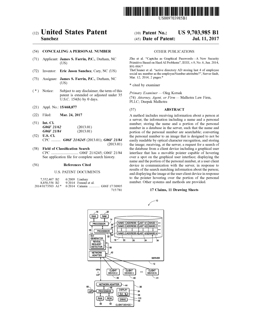 Front page of United States Patent 9,703,985, Concealing a Personal Number
