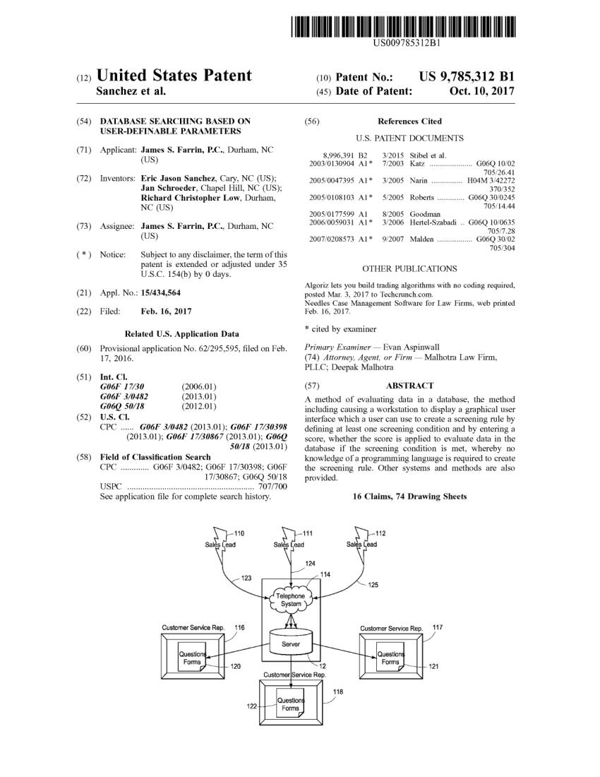 Front page of United States Patent 9,785,312, Database Searching Based on User-Definable Parameters