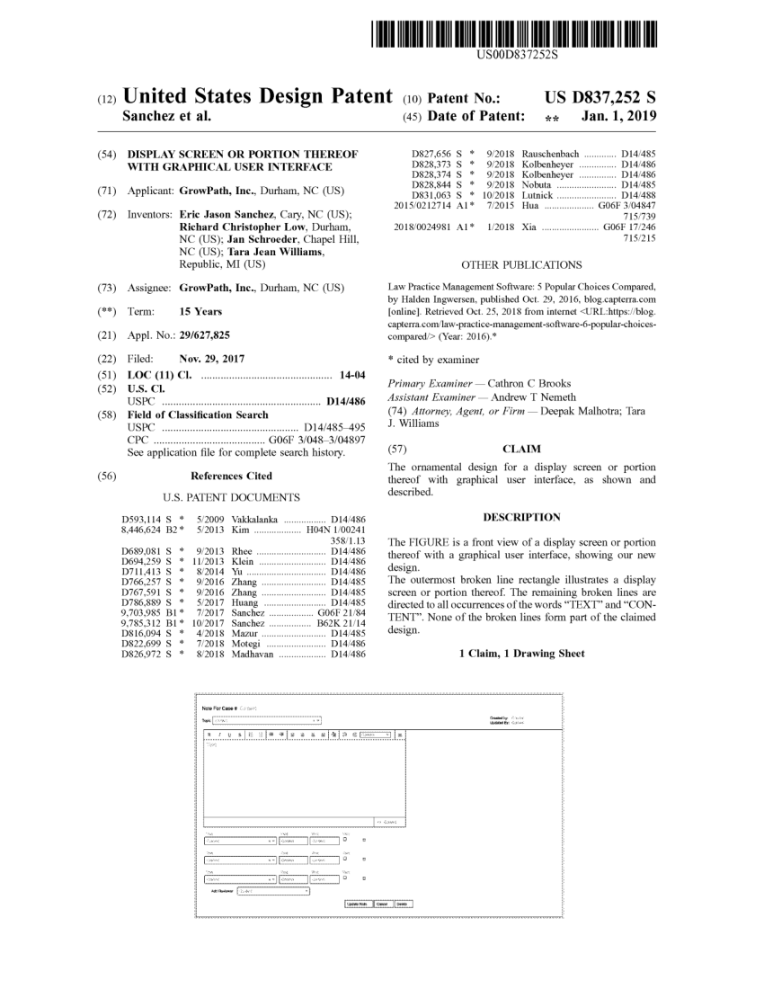 Front page of United States Patent D837,252, Display Screen or Portion Thereof with Graphical User Interface