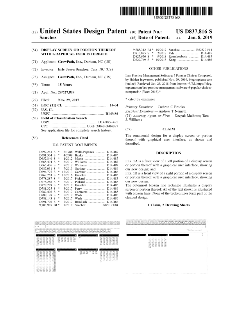 Front page of United States Patent D837,816, Display Screen or Portion Thereof with Graphical User Interface