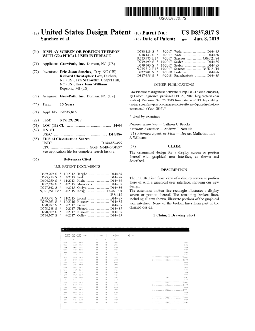 Front page of United States Patent D837,817, Display Screen or Portion Thereof with Graphical User Interface