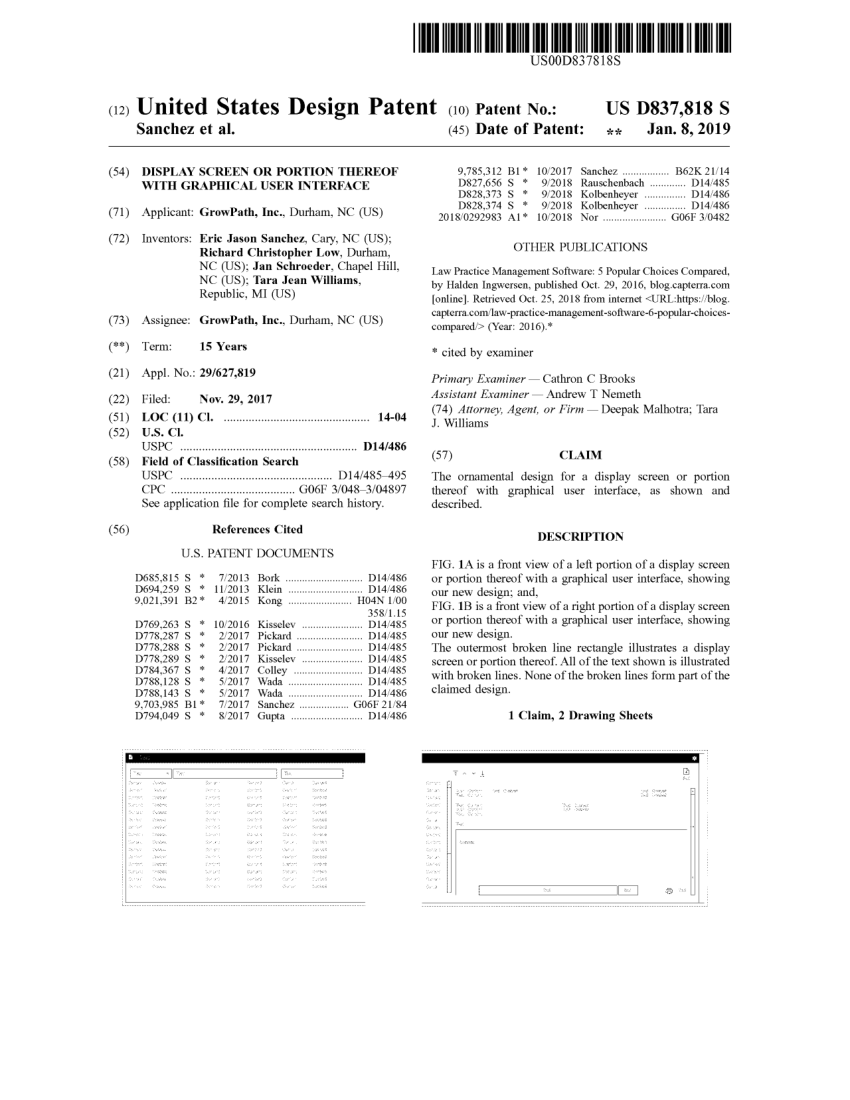 Front page of United States Patent D837,818, Display Screen or Portion Thereof with Graphical User Interface