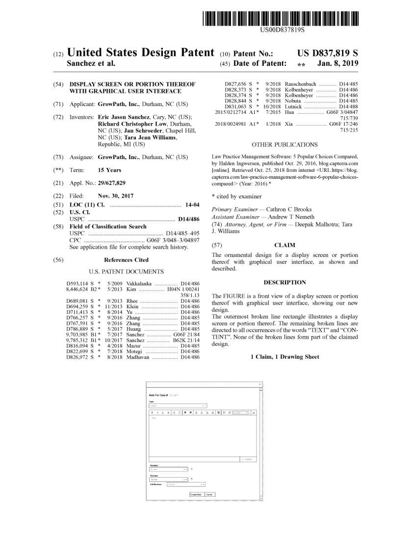 Front page of United States Patent D837,819, Display Screen or Portion Thereof with Graphical User Interface