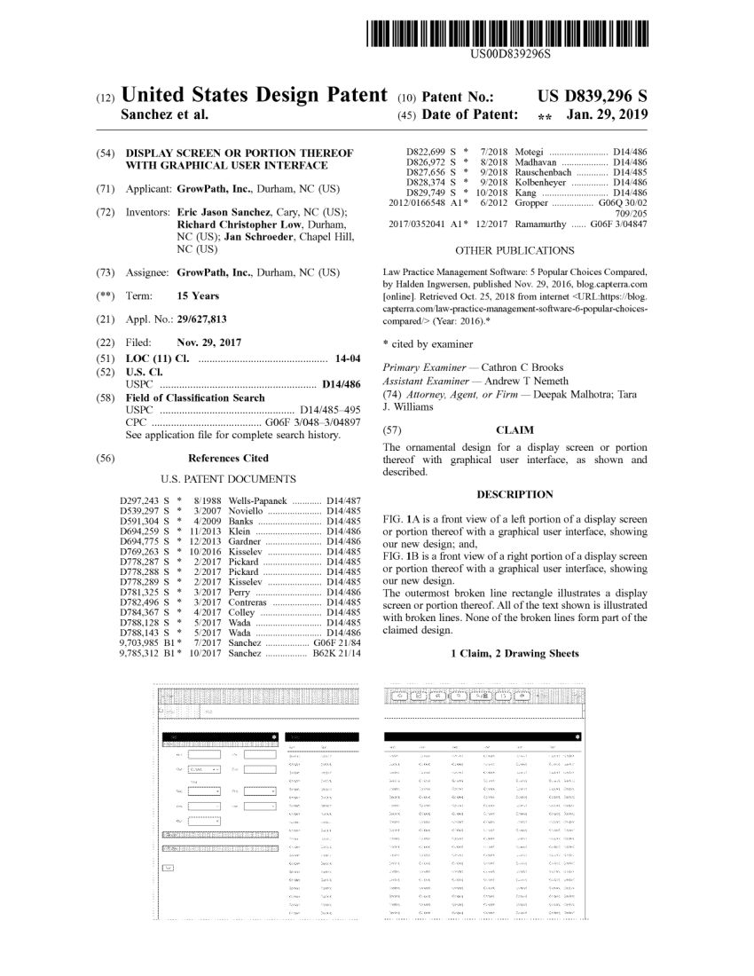 Front page of United States Patent D839,296, Display Screen or Portion Thereof with Graphical User Interface